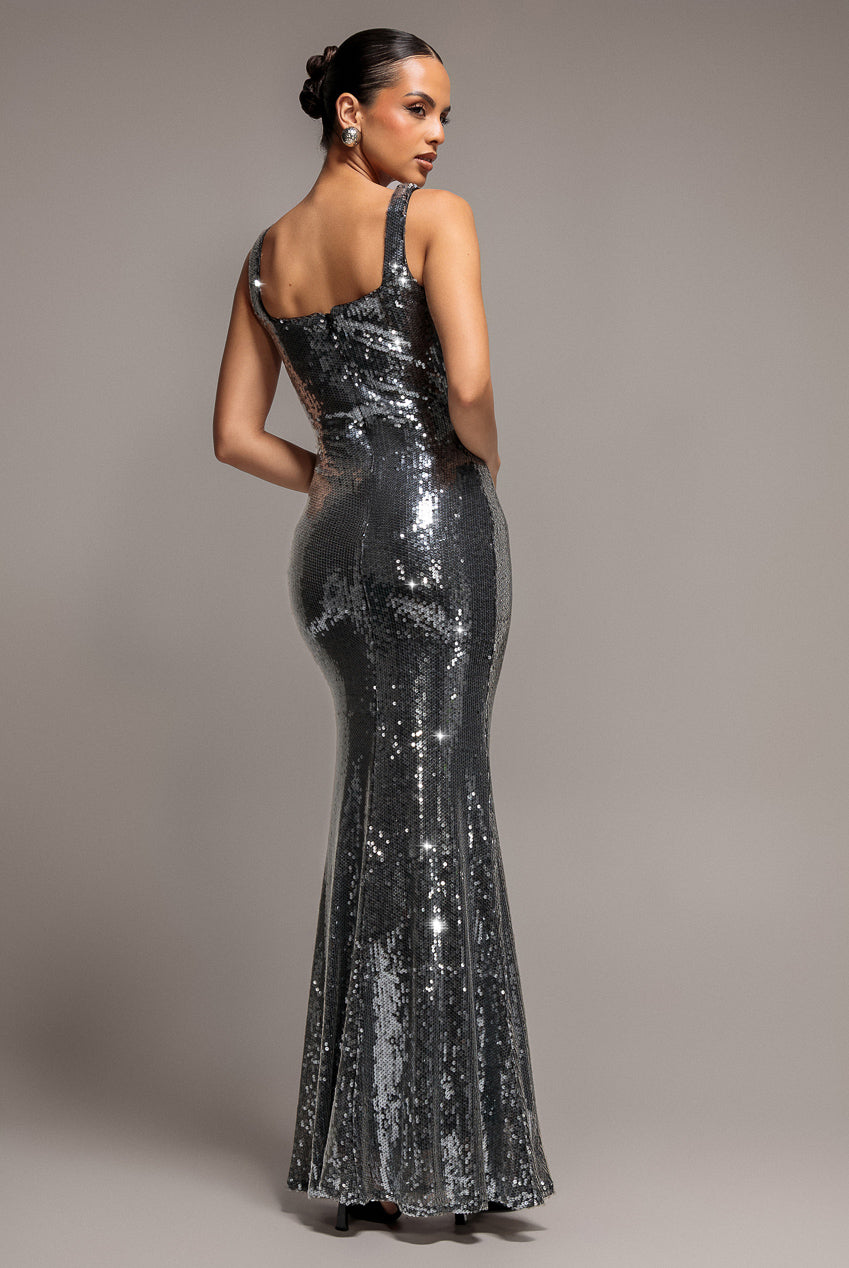 Goddiva Sleeveless Square Neck Sequin Mermaid Maxi Dress - Silver
