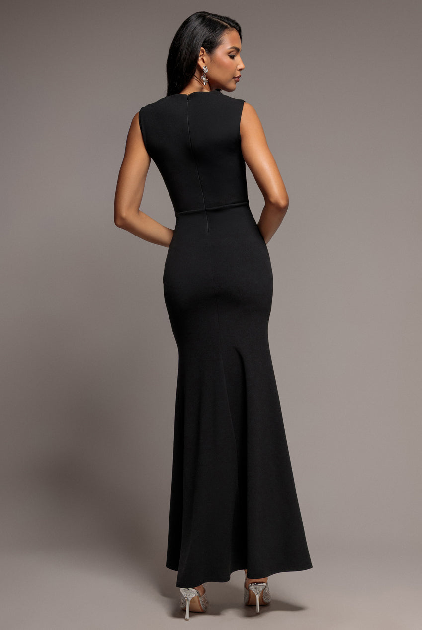 Goddiva Sleeveless Waist Pleated Scuba Crepe Maxi Dress - Black