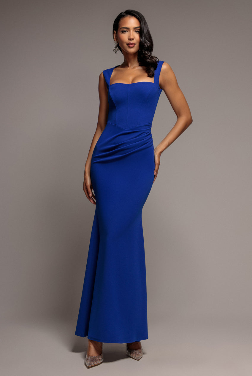 Goddiva Sleeveless Waist Pleated Scuba Crepe Maxi Dress - Royal Blue