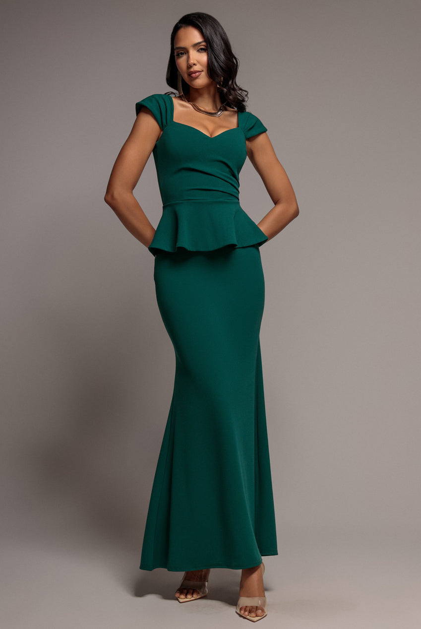 Goddiva Cap Sleeve Sweetheart Peplum Scuba Maxi Dress - Emerald Green