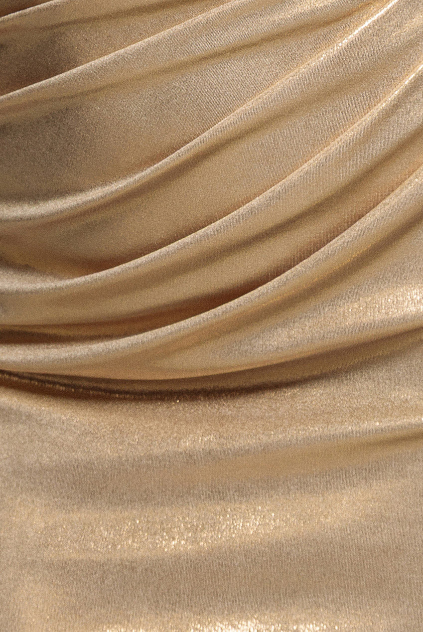 Goddiva Sash One Shoulder Bardot Foil Maxi Dress - Gold
