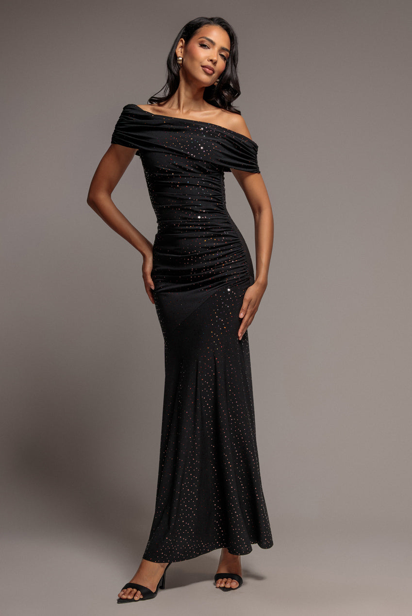 Goddiva One Shoulder Fit And Flare Sequin Maxi Dress - Black Copper