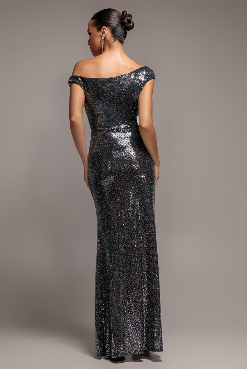 Goddiva Asymmetric One Shoulder Front Split Sequin Maxi Dress - Black Multi