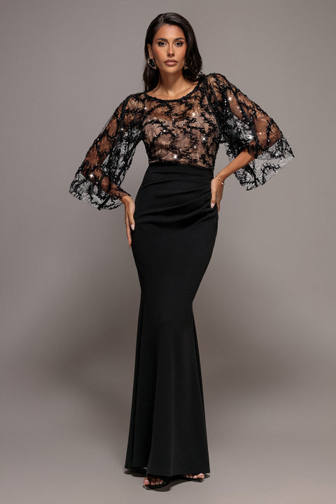Goddiva Kimono Sleeve Lace-Scuba Crepe Mermaid Maxi Dress - Black