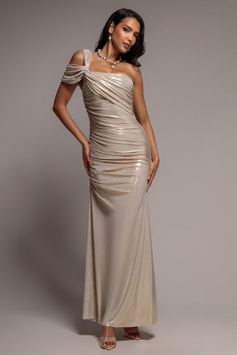 Goddiva One Shoulder Asymmetric Twist Foil Maxi Dress - Gold