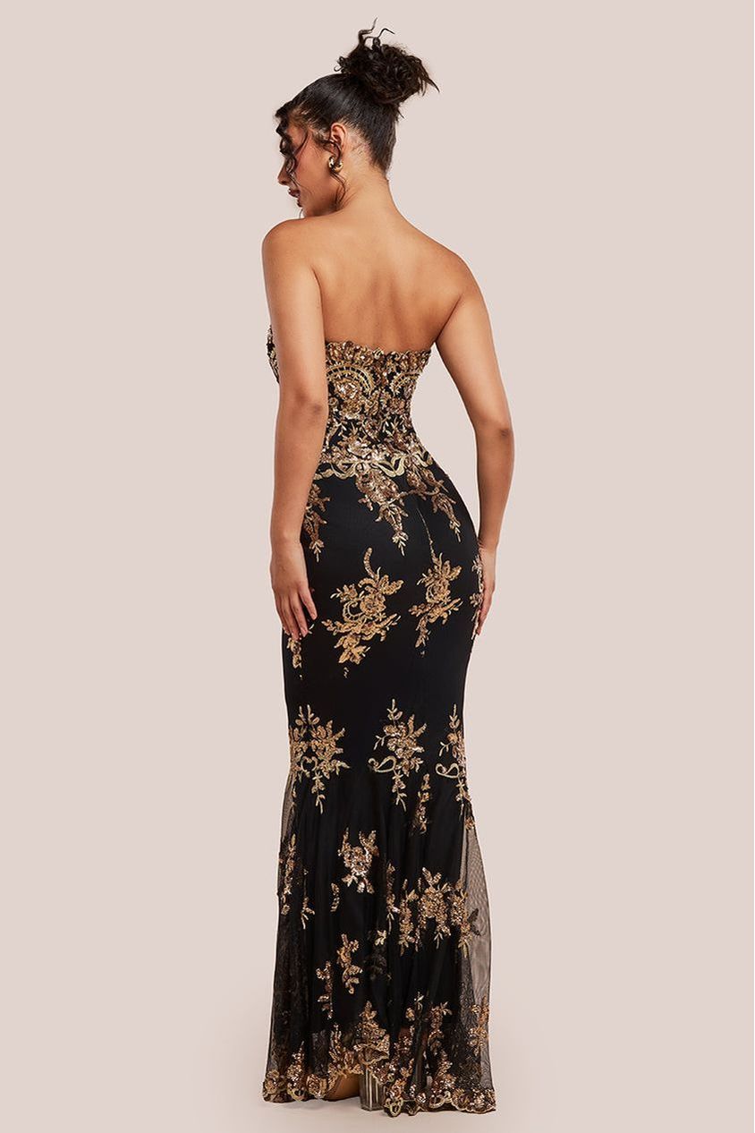 Goddiva Scallop Bandeau Sequin Mesh Maxi Dress - Black Gold