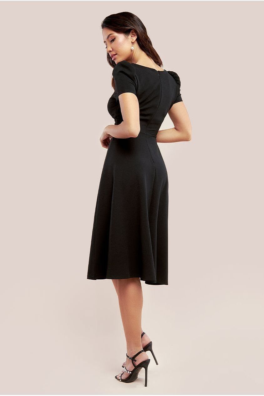 Goddiva Front Frill Flared Scuba Midi Dress - Black