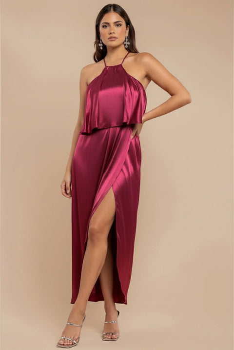 Goddiva Satin Viscose Front Wrap Midaxi Dress - Burgundy