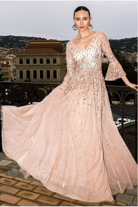 Goddiva Sunray Hand Embellished Sequin A-Line Bell Sleeve Maxi Dress - Champagne