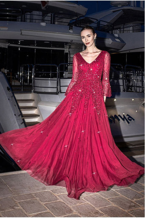 Goddiva Sunray Hand Embellished Sequin A-Line Bell Sleeve Maxi Dress - Burgundy