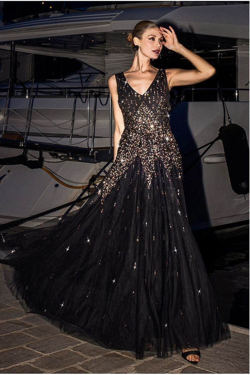 Goddiva Sunray Hand Embellished Sequin A-Line Sleeveless Maxi Dress - Black