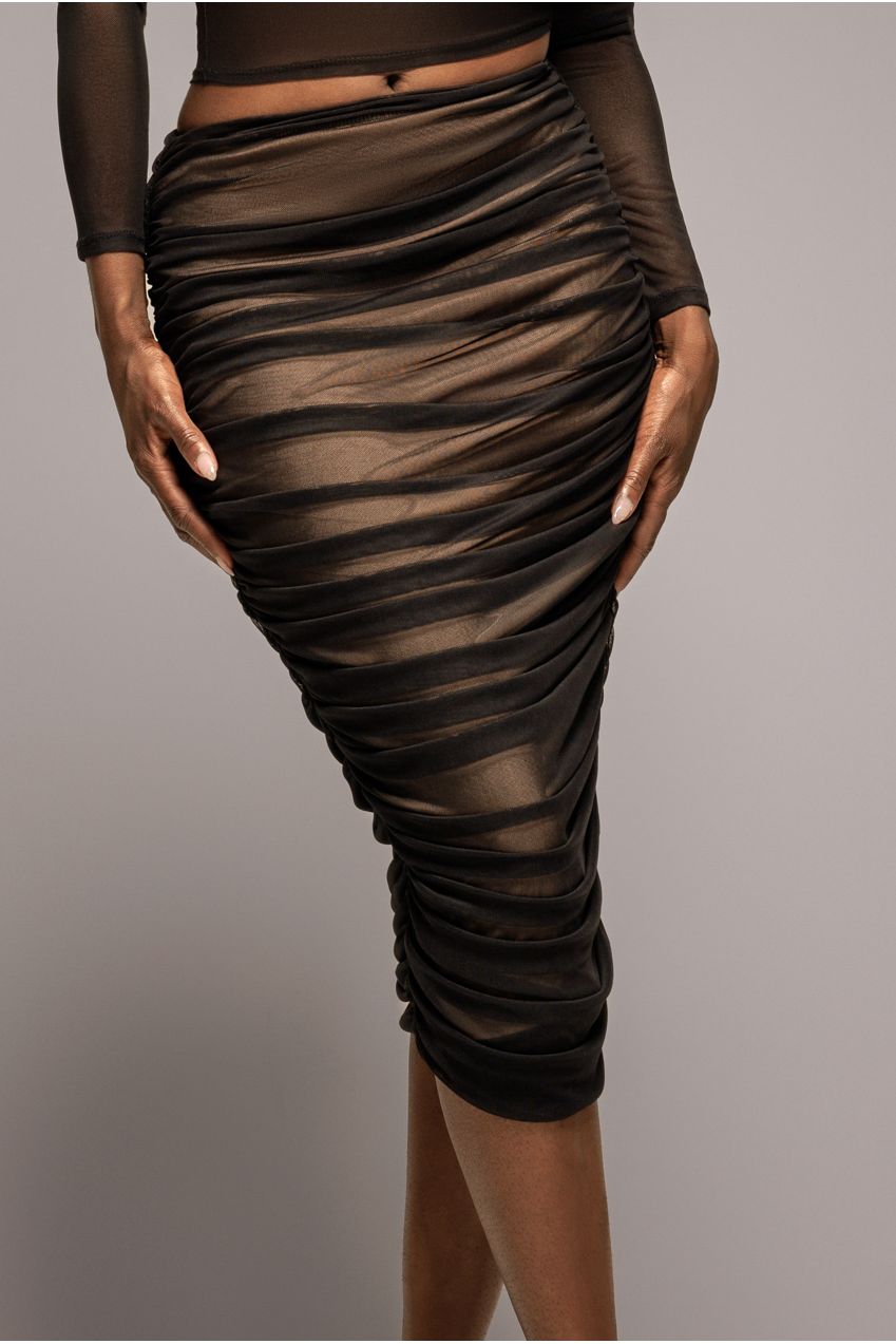 Goddiva Gathered Side Mesh Midi Skirt - Black