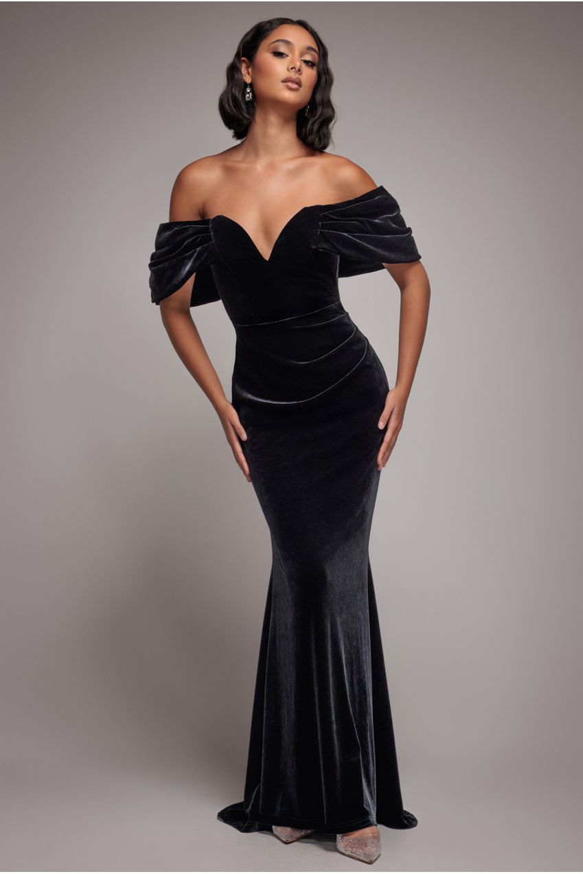 Goddiva Off The Shoulder Deep Plunge Velvet Maxi Dress - Black