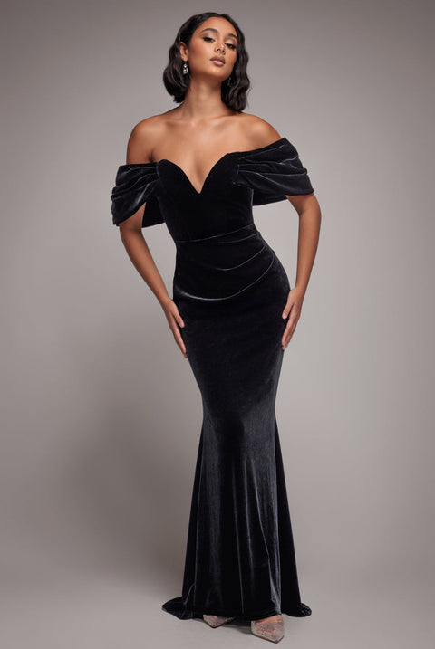 Goddiva Off The Shoulder Deep Plunge Velvet Maxi Dress - Black