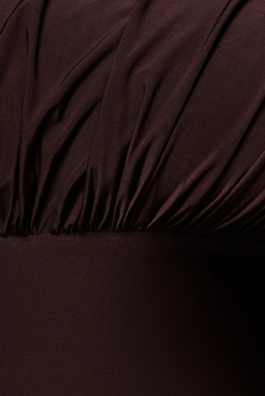Goddiva Open Back Cowl Neck Gathered Maxi Dress With Velvet Tie Back - Brown