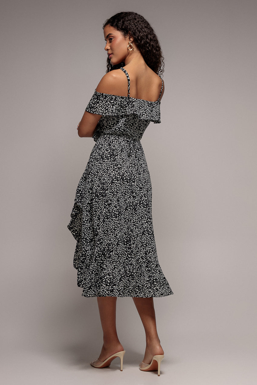 Goddiva Spaghetti Strap Polka Dot Wrap Midi Dress - Black White