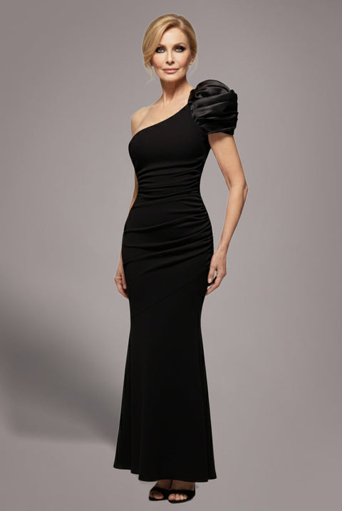 Goddiva One Shoulder Puffed Satin Sleeve Evening Maxi Dress - Black