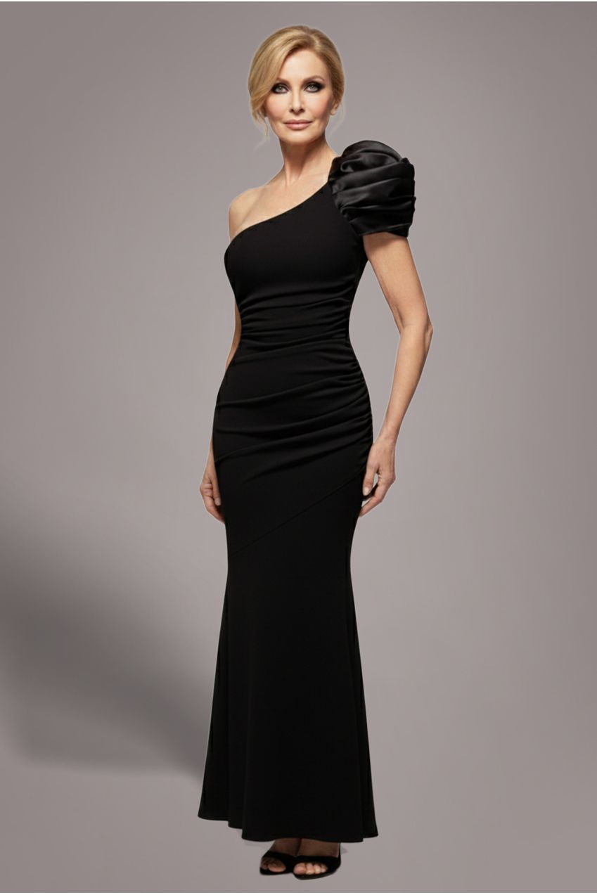 Goddiva One Shoulder Puffed Satin Sleeve Evening Maxi Dress - Black