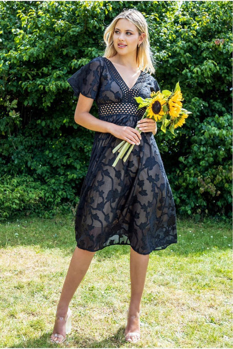 Goddiva Jacquard Lurex Burnout A Line Midi Dress - Black