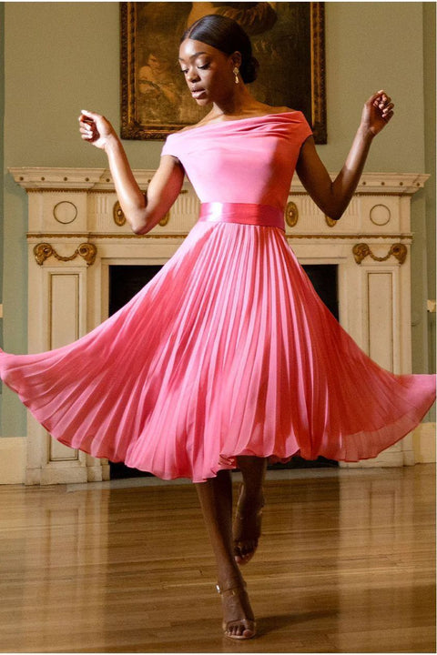 Goddiva Cowl Neck Pleated A-Line Chiffon Midi Dress - Coral