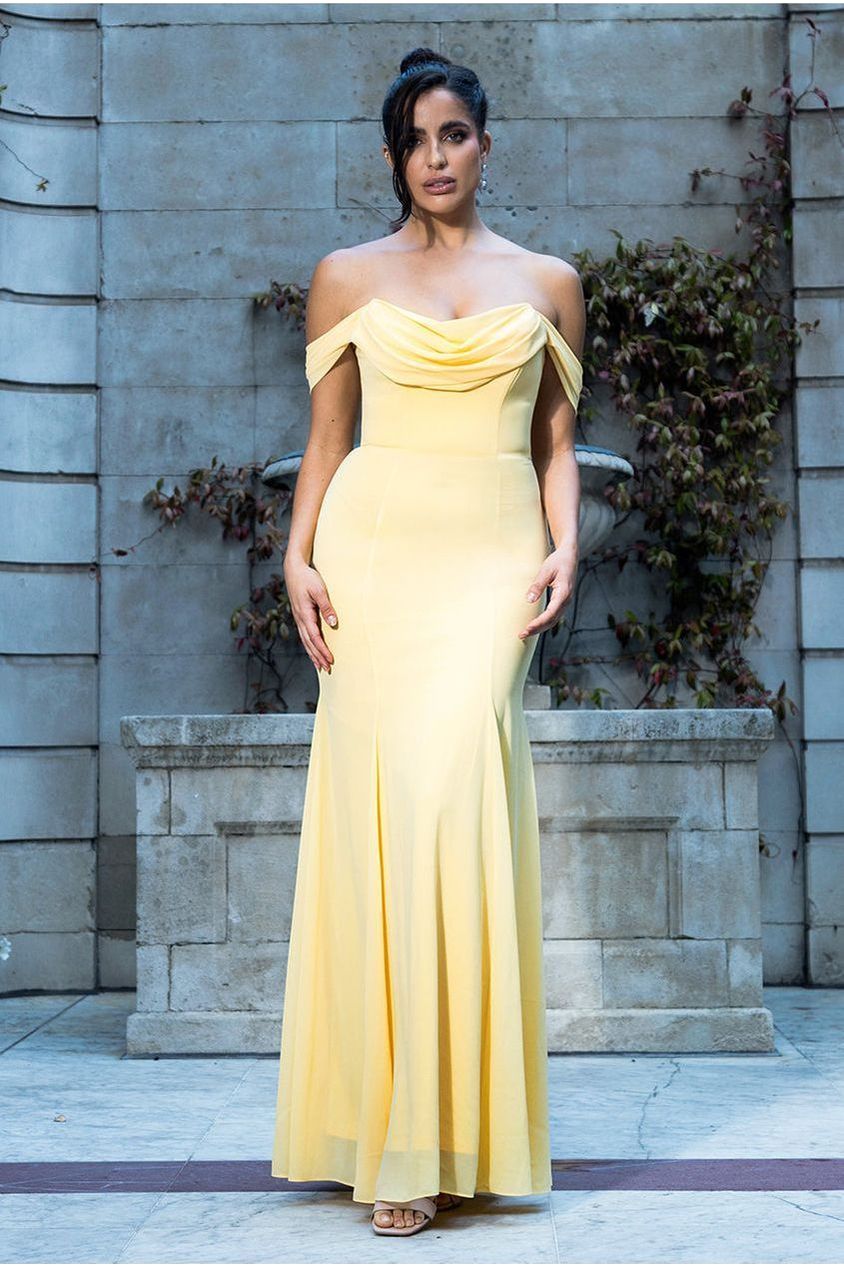 Goddiva Chiffon Bardot Cowl Neck Maxi Dress - Lemon