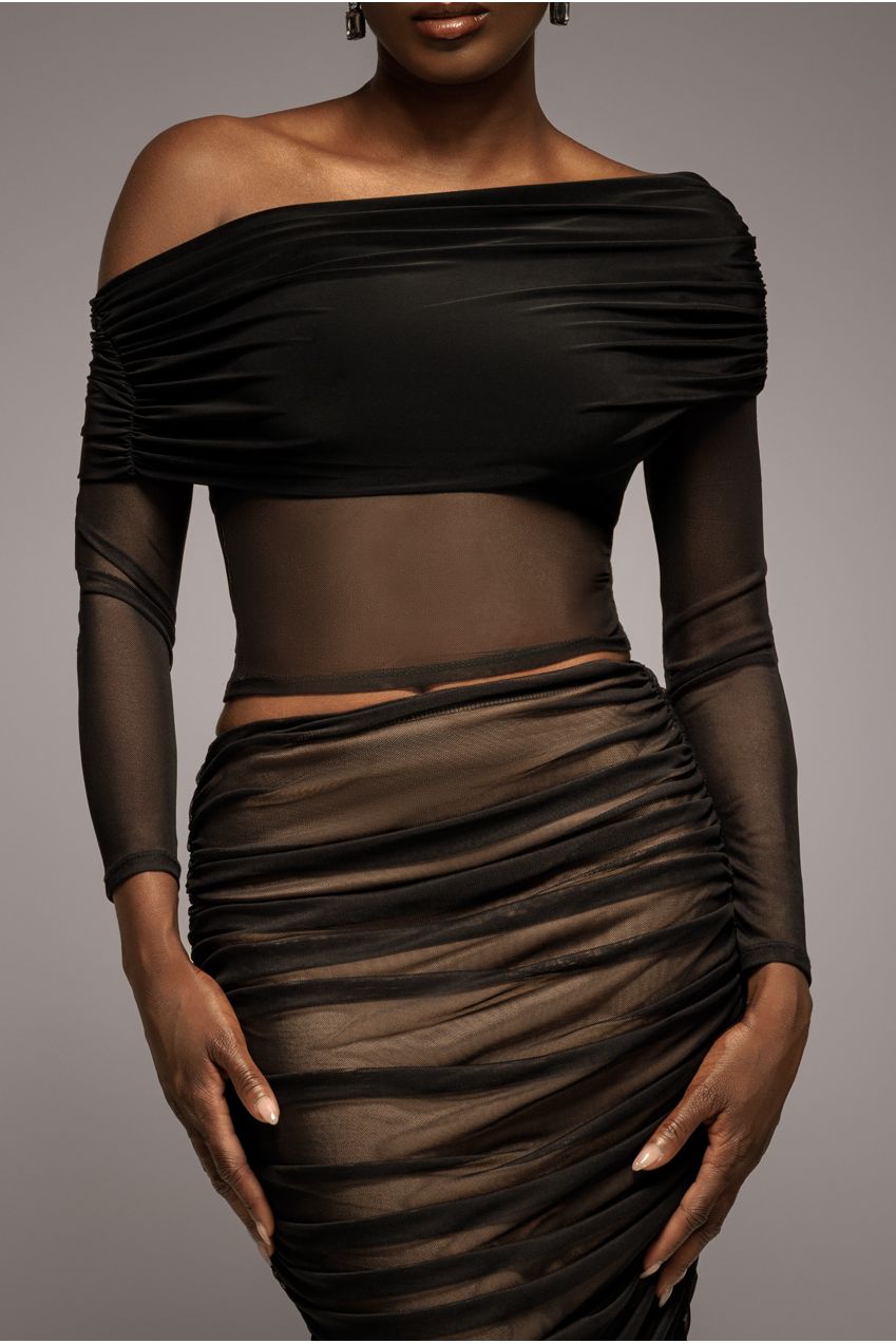 Goddiva Gathered Bardot Asymmetric Mesh Panel Top - Black