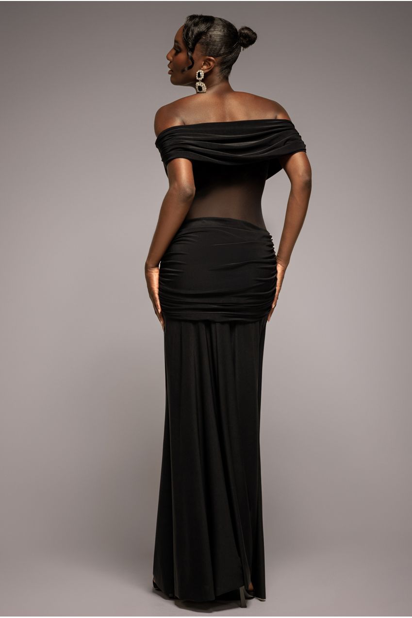 Goddiva Gathered Off The Shoulder Mesh Waist Panel Maxi Dress - Black