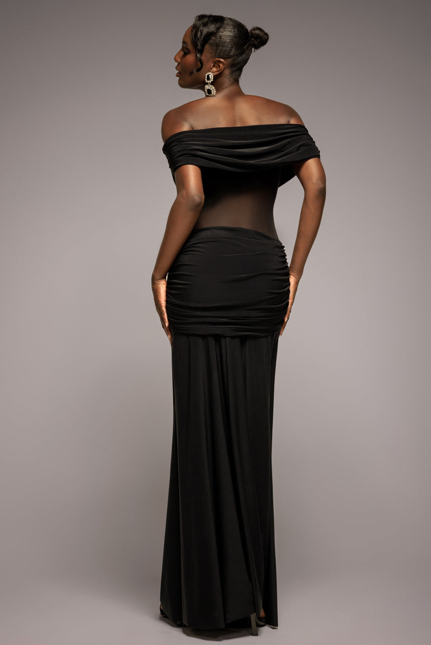 Goddiva Gathered Off The Shoulder Mesh Waist Panel Maxi Dress - Black