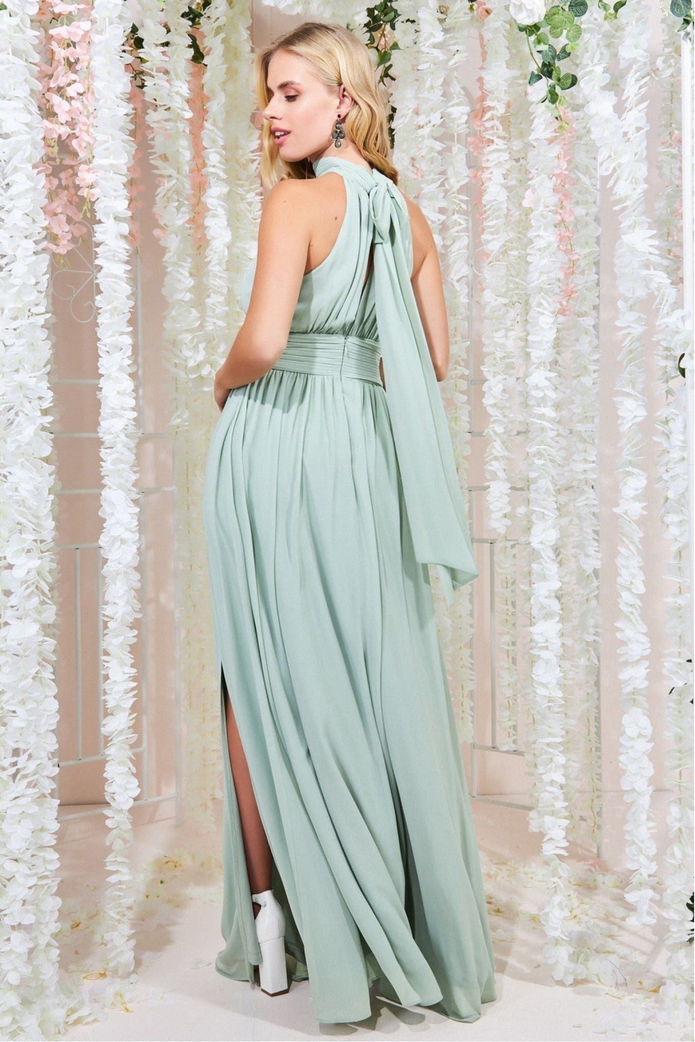 Goddiva Halterneck Chiffon Maxi With Thigh Split - Sage Green