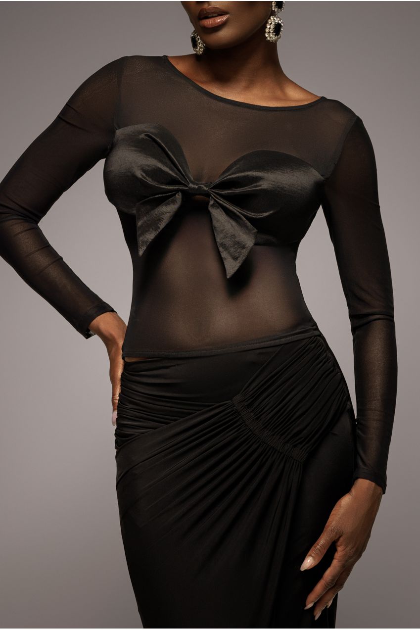 Goddiva Long Sleeve Mesh Sleeveless Taffeta Bow Top - Black