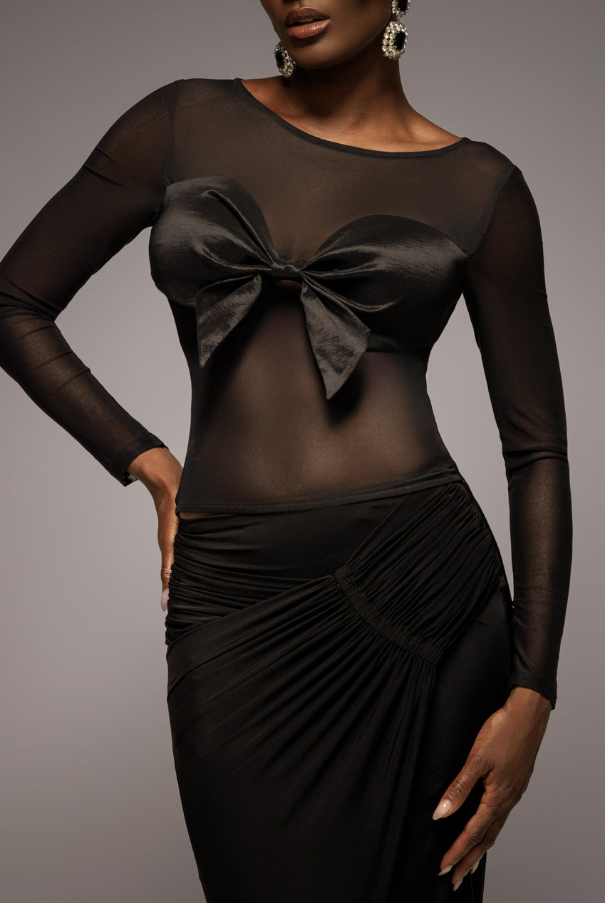 Goddiva Long Sleeve Mesh Sleeveless Taffeta Bow Top - Black