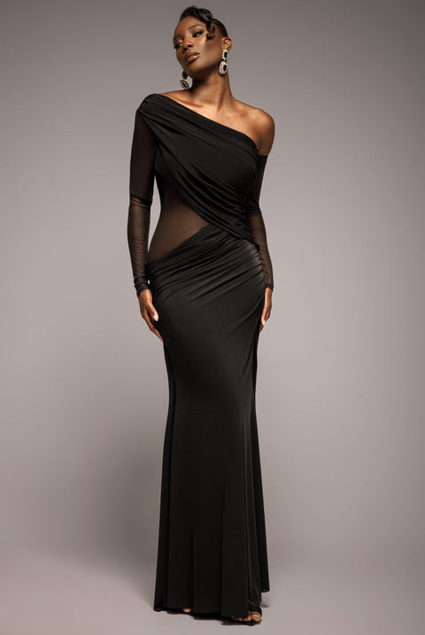 Goddiva Gathered Cowl Asymmetric Mesh And Soft Touch Maxi Dress - Black