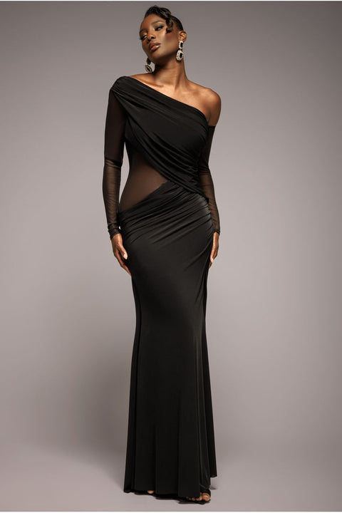 Goddiva Gathered Cowl Asymmetric Mesh And Soft Touch Maxi Dress - Black