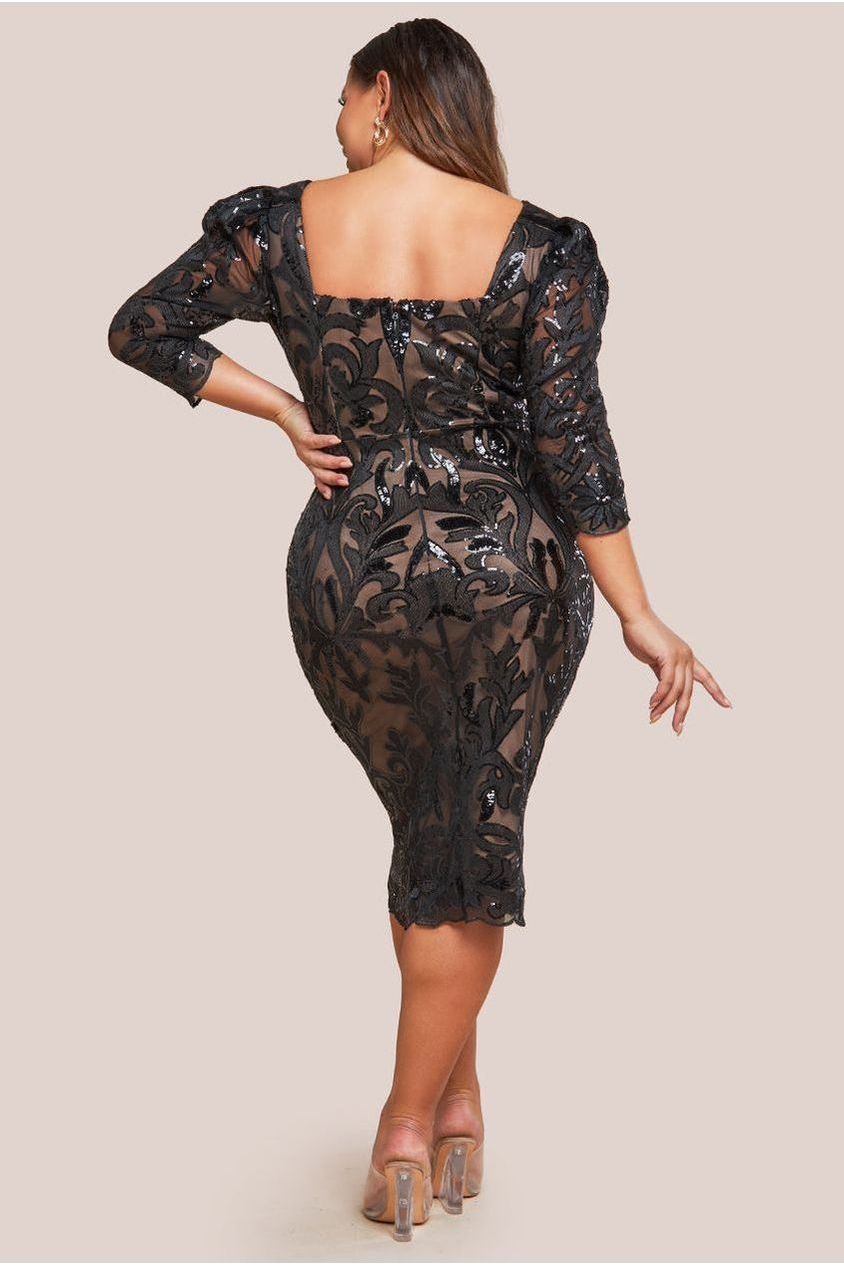 Goddiva Plus Square Neck Scalloped Embroidered Sequin Midi Dress - Black