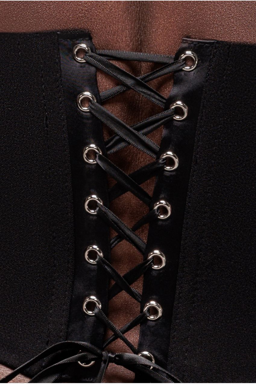 Goddiva High Neck Open Back Lace Up Scuba Corset Top - Black