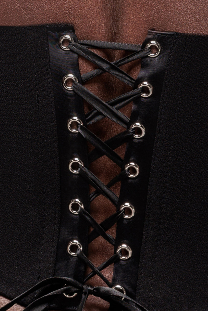 Goddiva High Neck Open Back Lace Up Scuba Corset Top - Black