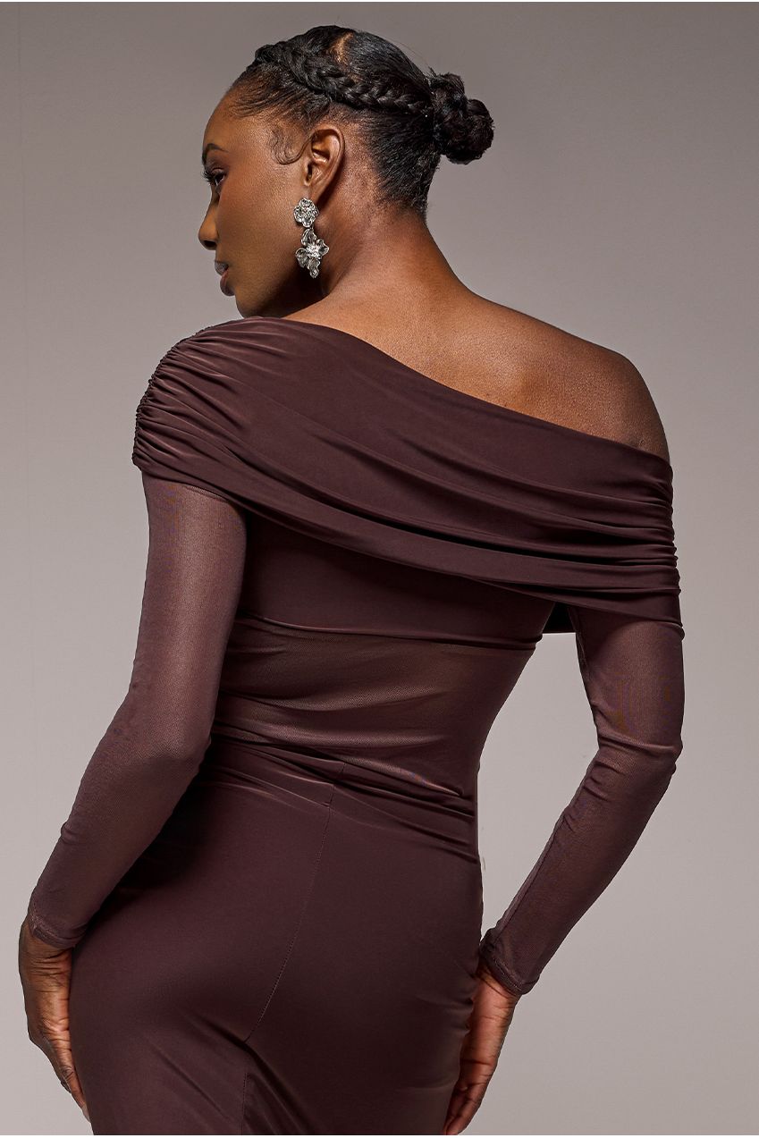 Goddiva Gathered Bardot Asymmetric Mesh Panel Top - Brown