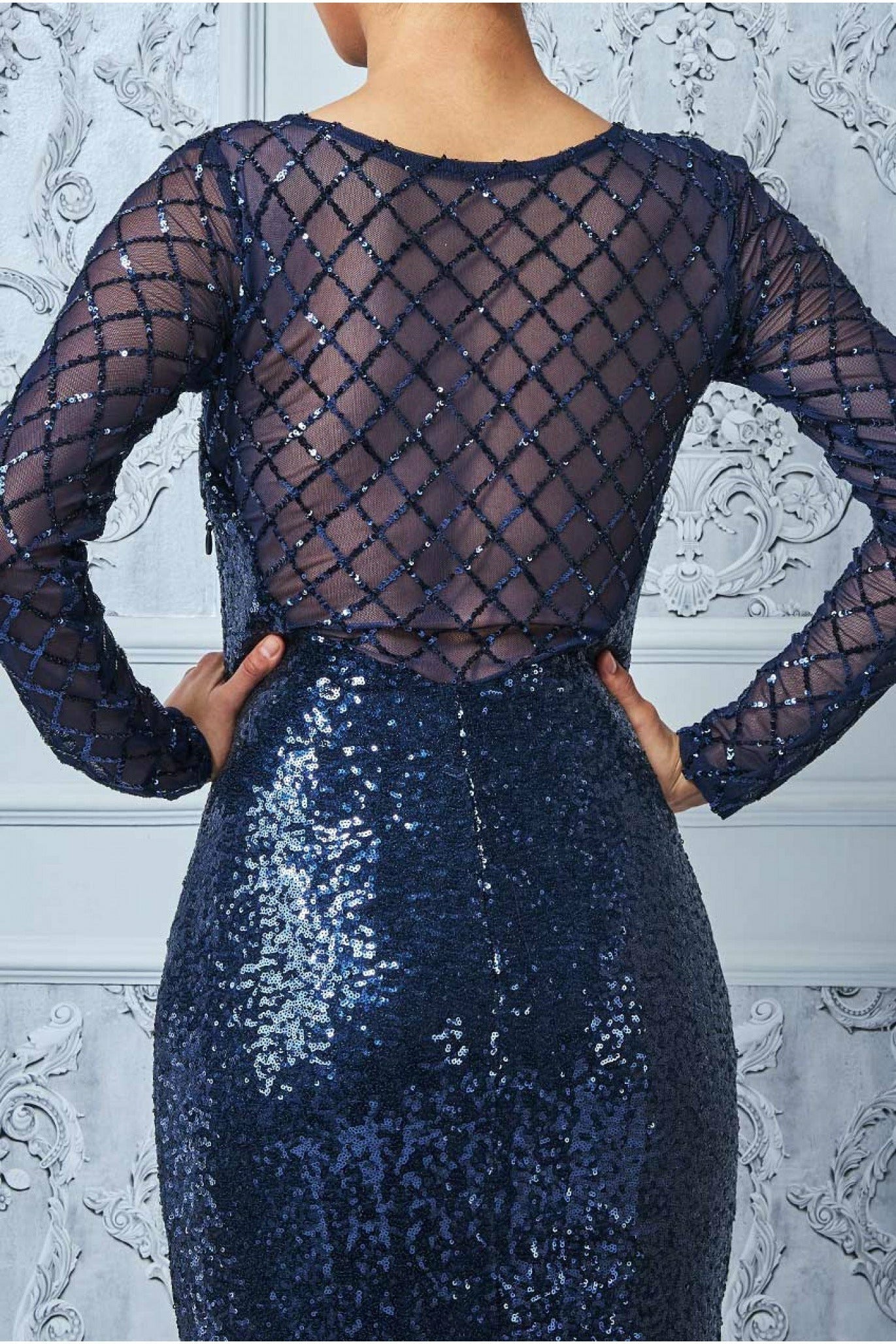 Goddiva Sheer Diamond Design Sequin Maxi Dress - Navy