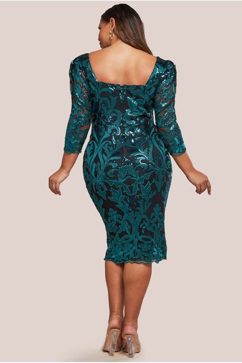 Goddiva Plus Square Neck Scalloped Embroidered Sequin Midi Dress - Emerald Green