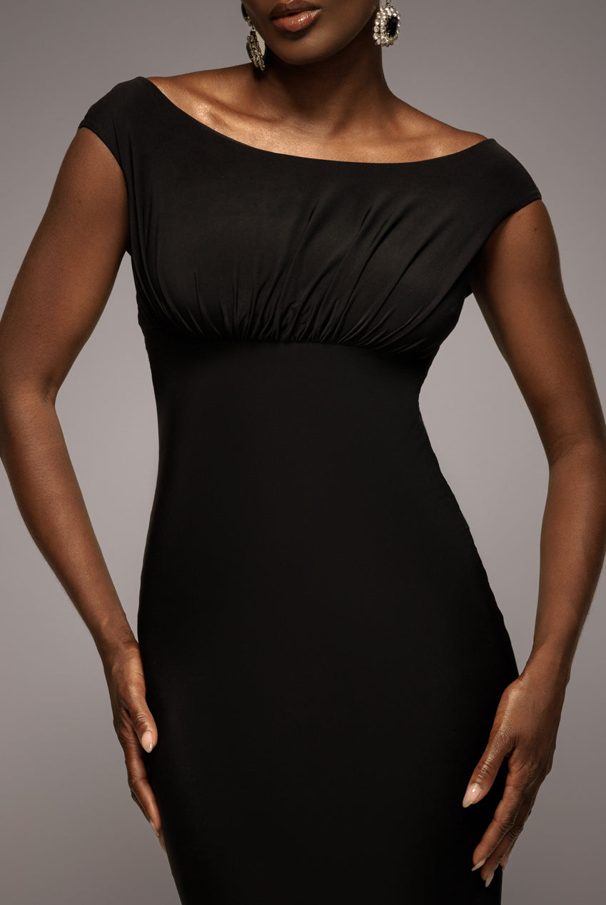Goddiva Open Back Cowl Neck Gathered Maxi Dress With Velvet Tie Back - Black