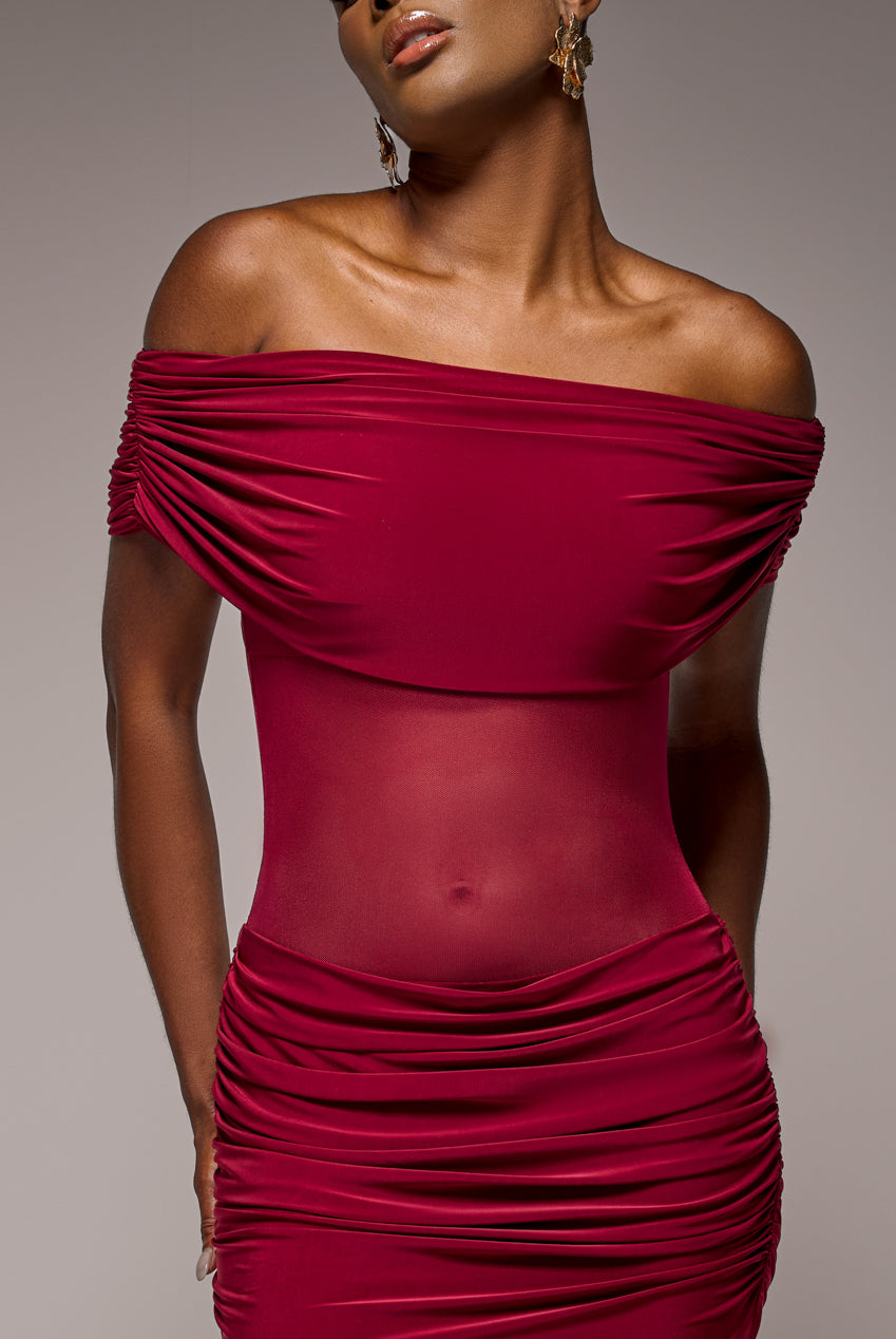 Goddiva Gathered Off The Shoulder Mesh Waist Panel Maxi Dress - Wine