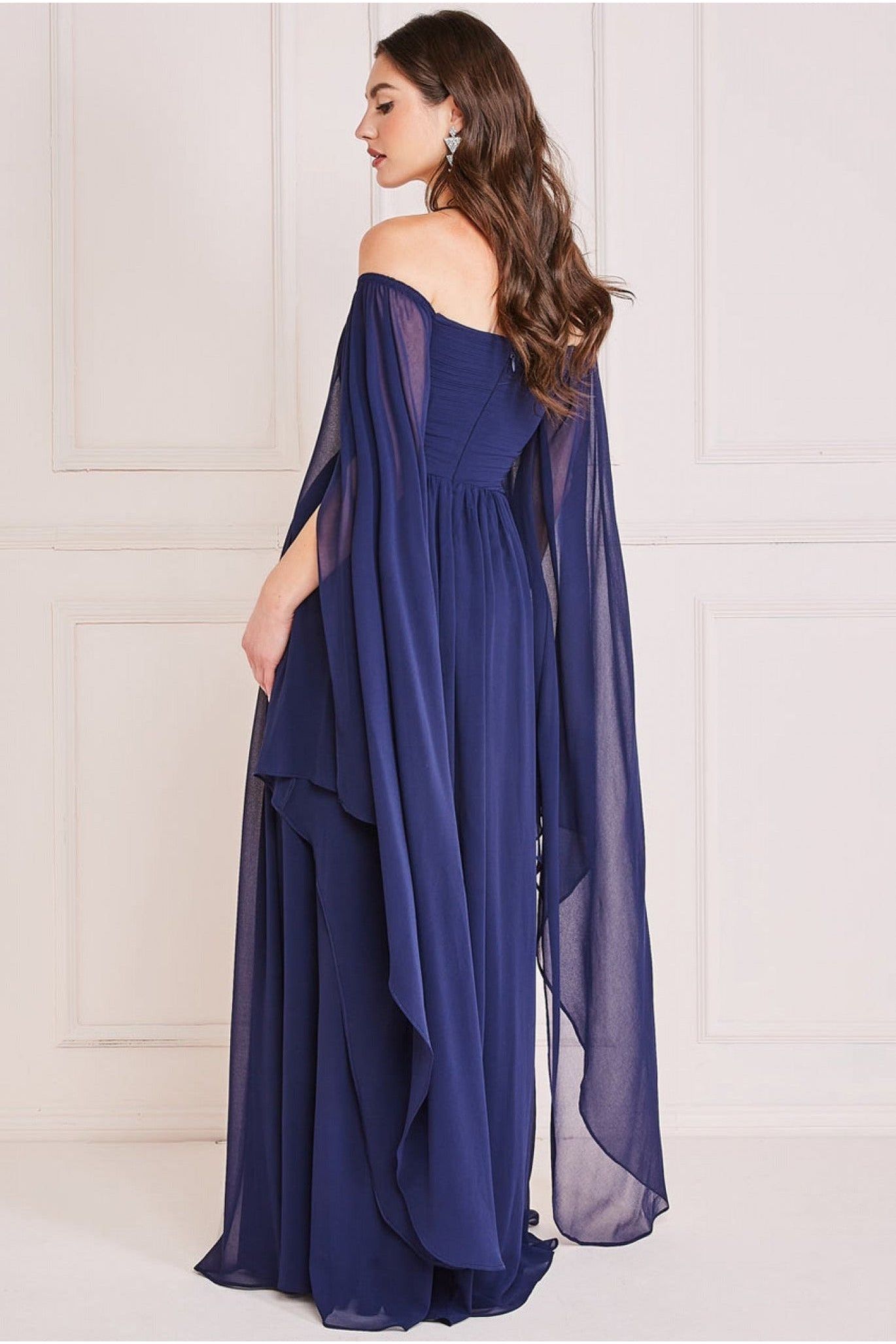Goddiva Chiffon Off The Shoulder Maxi With Cape Sleeves - Navy