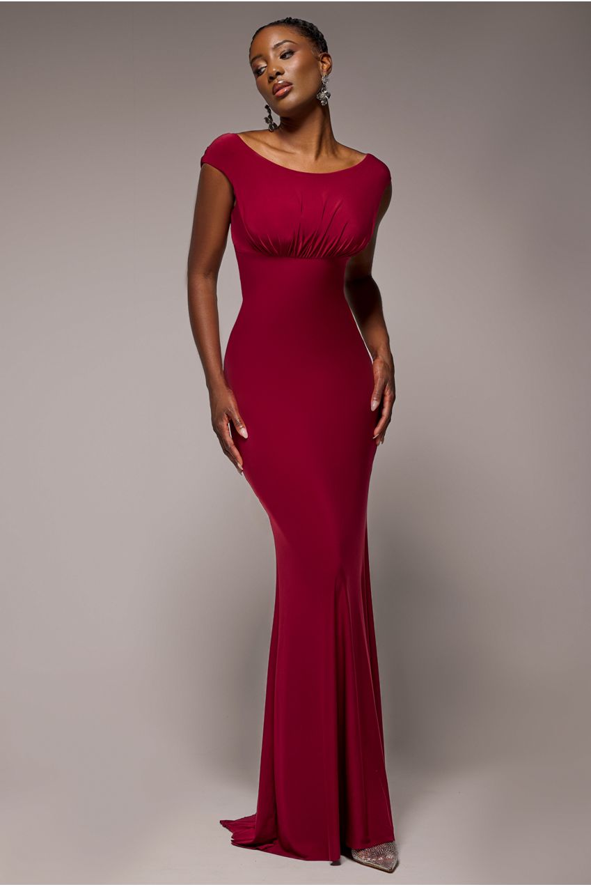 Goddiva Open Back Cowl Neck Gathered Maxi Dress With Velvet Tie Back - Wine