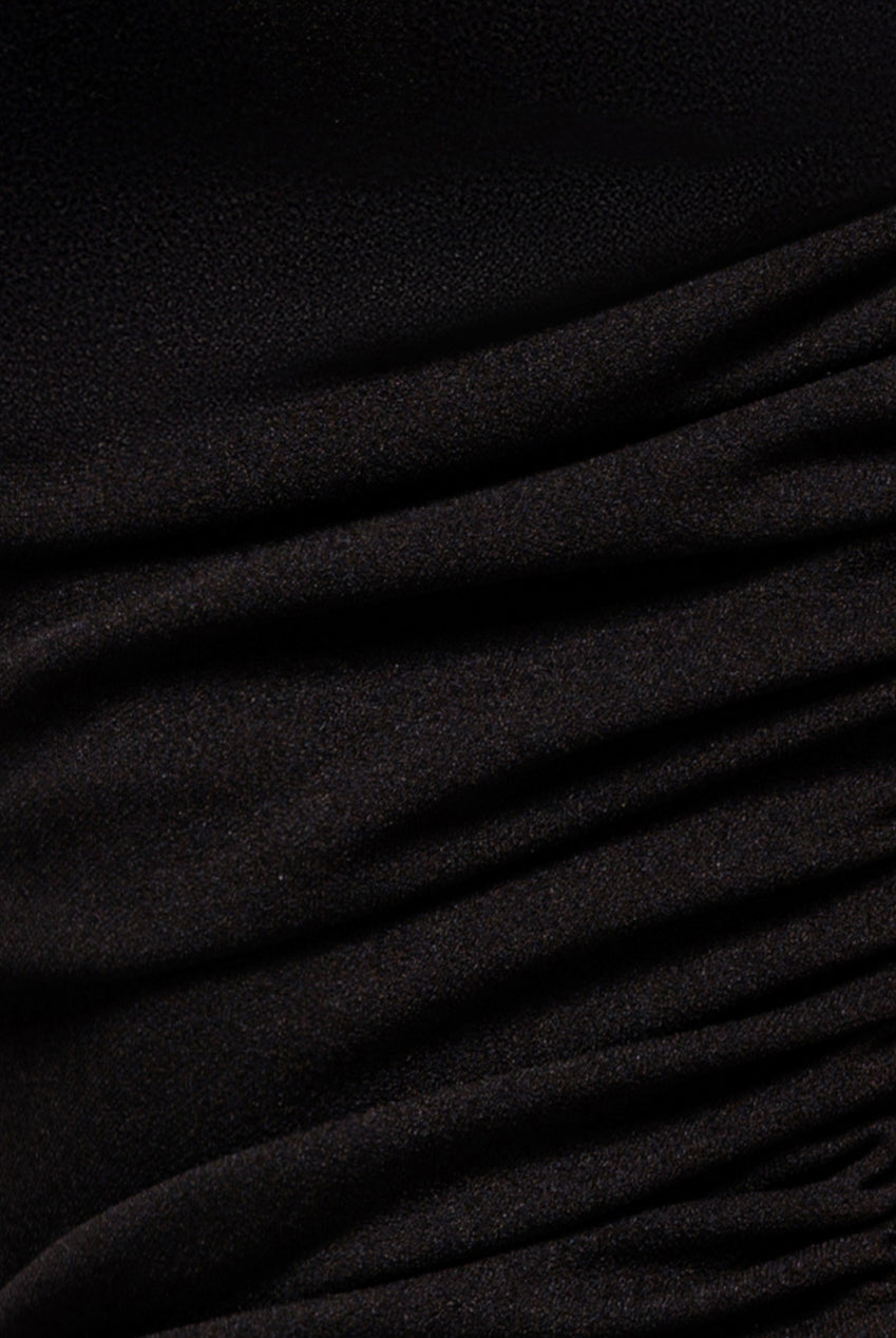 Goddiva One Shoulder Puffed Satin Sleeve Evening Maxi Dress - Black