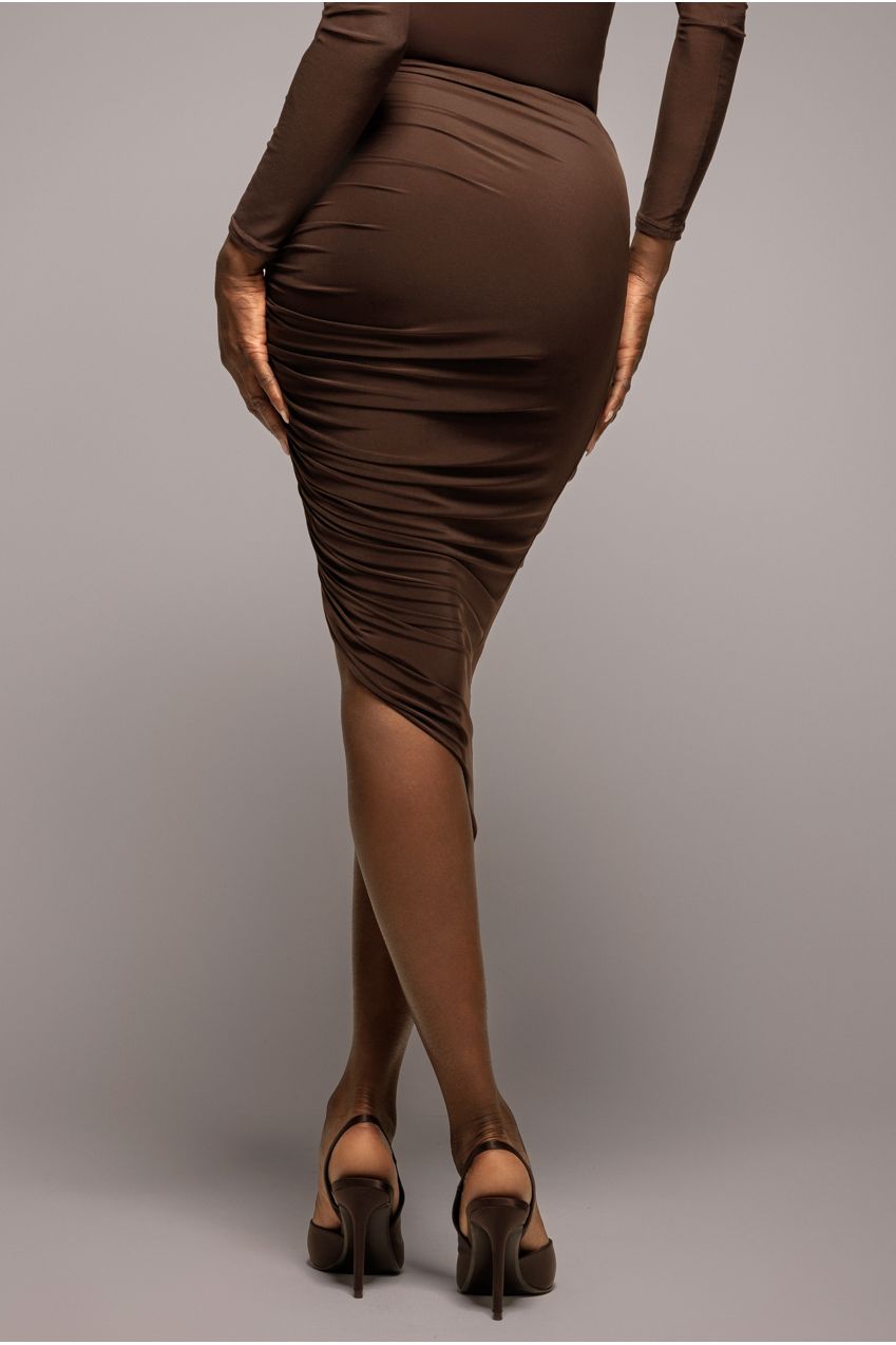 Goddiva Side Gathered Asymmetric Midi Skirt - Brown
