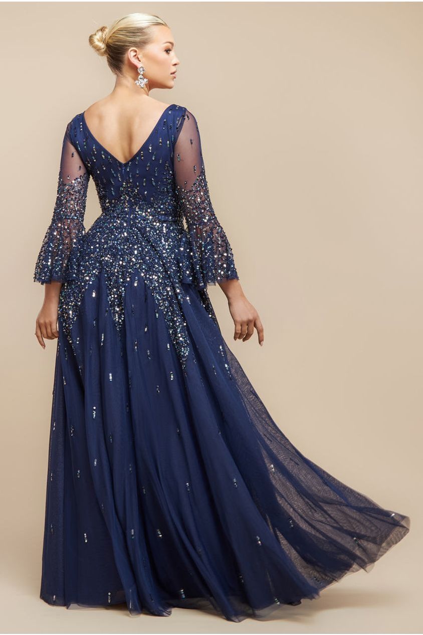 Goddiva Sunray Hand Embellished Sequin A-Line Bell Sleeve Maxi Dress - Navy Blue