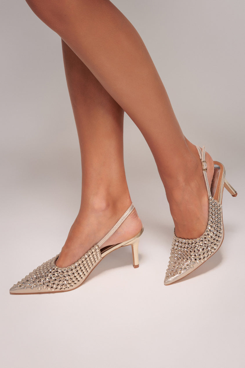 Goddiva Pearl Embellished Slingback Heeled Court Shoes - Gold