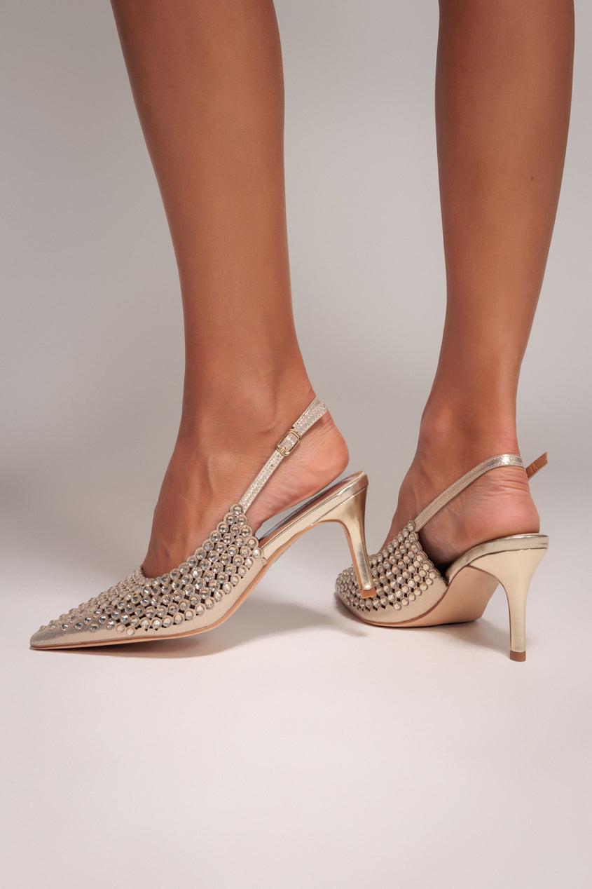Goddiva Pearl Embellished Slingback Heeled Court Shoes - Gold