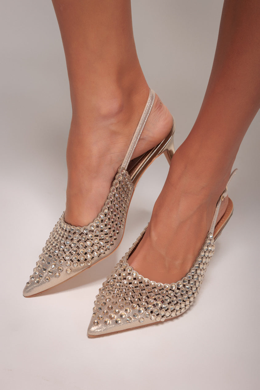 Goddiva Pearl Embellished Slingback Heeled Court Shoes - Gold