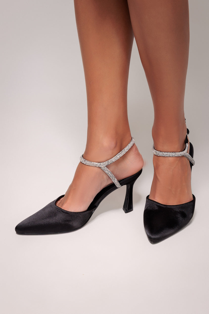 Goddiva Diamante Embellished Satin Slingback Court Heels - Black Satin